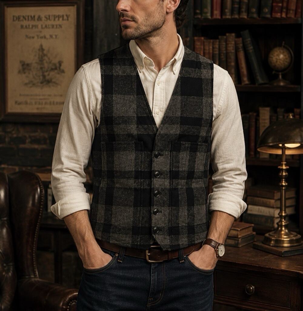 Denim & Supply Ralph Lauren Vest Mens S Black Gray Plaid Wool Blend Waistcoat